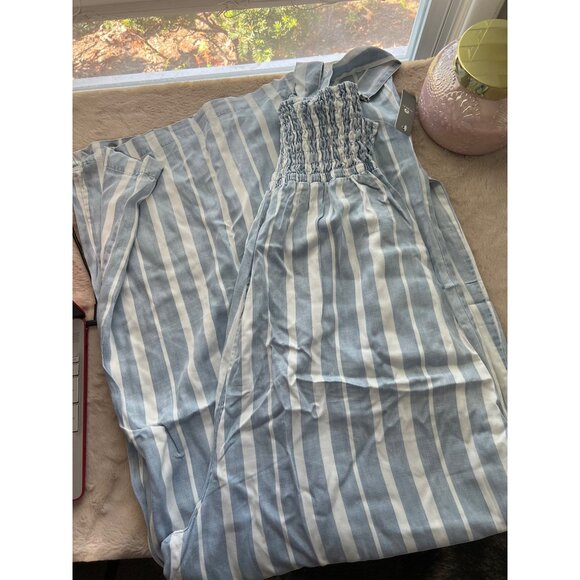 Tractr Blue & White Striped jumpsuit With Smocked Bodice & Adjustable Straps - Picture 8 of 8